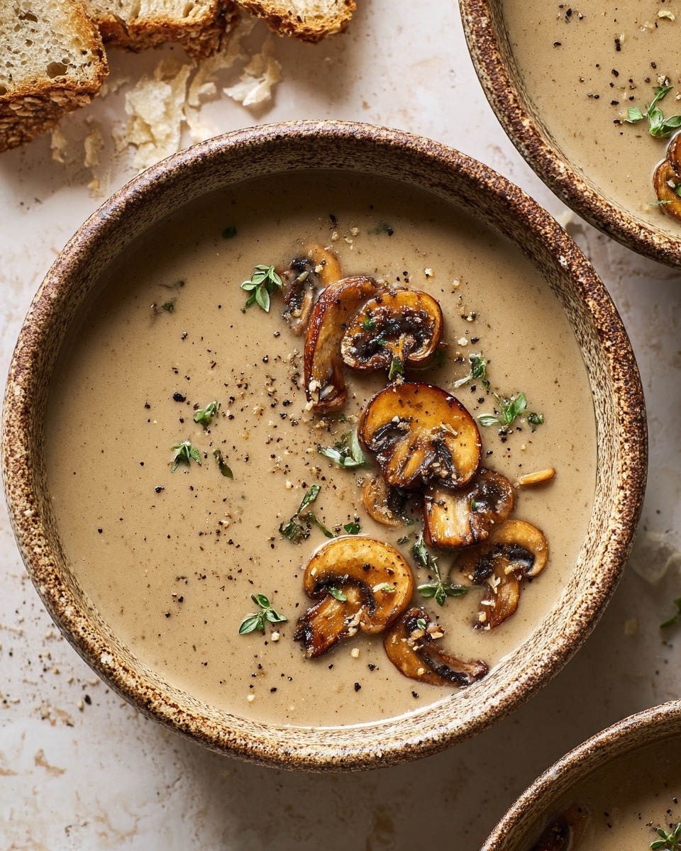 A bowl of creamy beige mushroom soup filled with small pieces of cooked mushrooms and herbs, topped with several slices of browned mushrooms and fresh green parsley leaves placed nicely on top, served in a dark bowl sitting on a round wooden plate with a silver spoon and a torn piece of soft bread with a golden crust next to it, all on a forest green cloth over a white marbled surface; in the background, there is a second bowl of the same soup slightly out of focus with more bread pieces visible. photo taken with an iphone --ar 4:5 --v 7