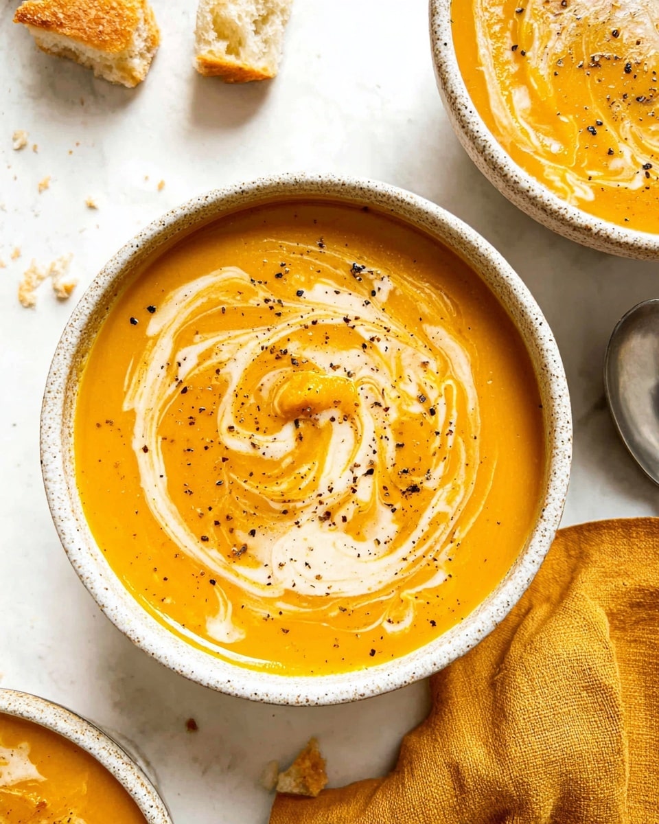 A white bowl filled with creamy soup that has two main layers swirled together: a bright orange layer and a smooth white layer, creating a marbled effect with black pepper sprinkled on top. A woman's hand dips a piece of light brown bread into the center of the soup. Another white bowl in the background contains a similar creamy white soup with some orange swirls and black pepper, and a spoon resting inside. The scene is set on a white marbled surface with a small piece of torn bread nearby. Photo taken with an iphone --ar 4:5 --v 7