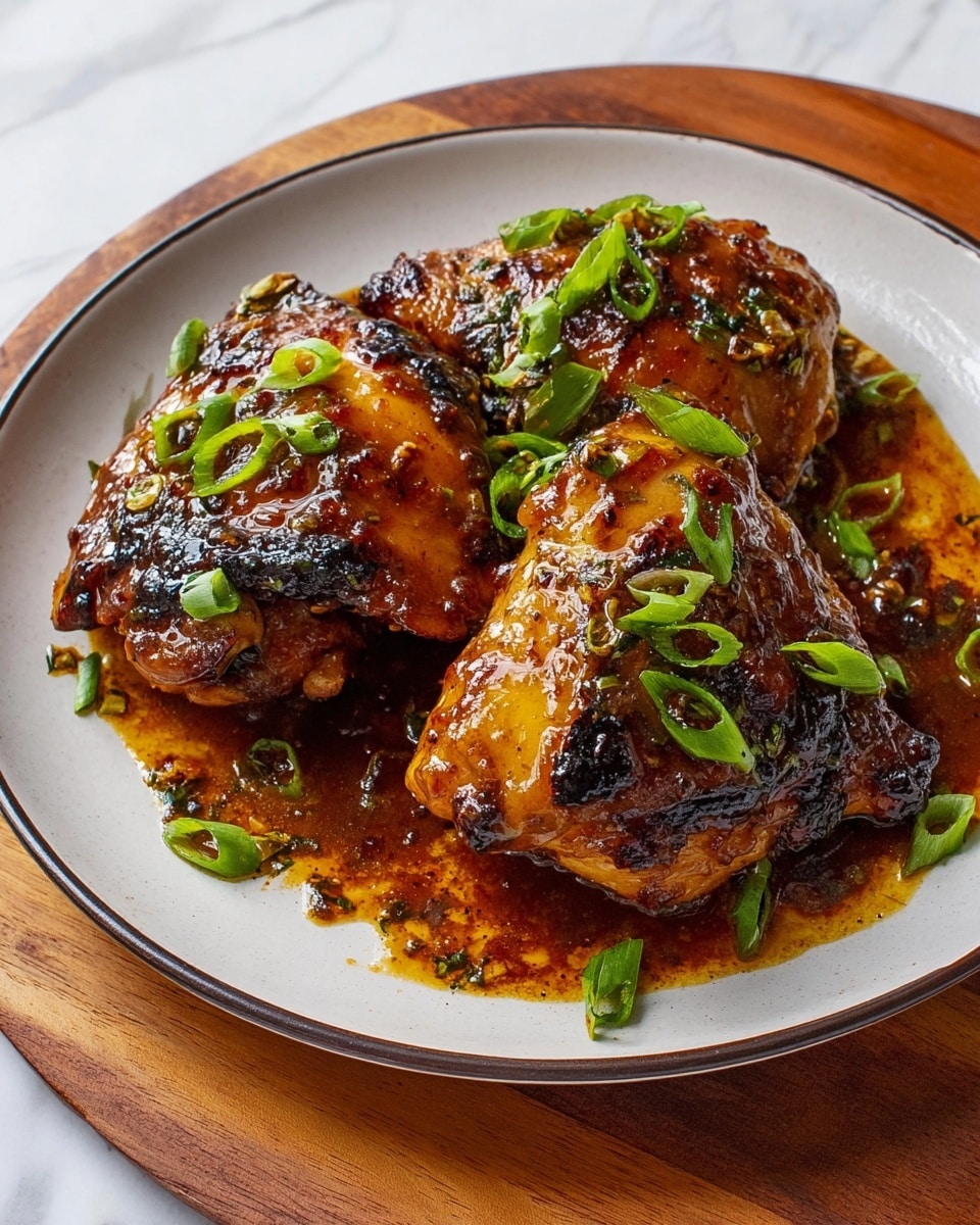 A white bowl filled with a base layer of cooked white rice, topped with five pieces of glazed, grilled chicken thighs that have a shiny, dark amber color with charred spots. The chicken pieces are scattered evenly across the rice, each covered with a shiny sauce that glimmers under the light. Green onion slices are sprinkled over the chicken, adding a fresh green contrast, along with some white sesame seeds for texture. The bowl is resting on a white marbled surface next to a gray and white striped cloth, with a partial view of a yellow bowl holding more green onions nearby. Photo taken with an iphone --ar 4:5 --v 7