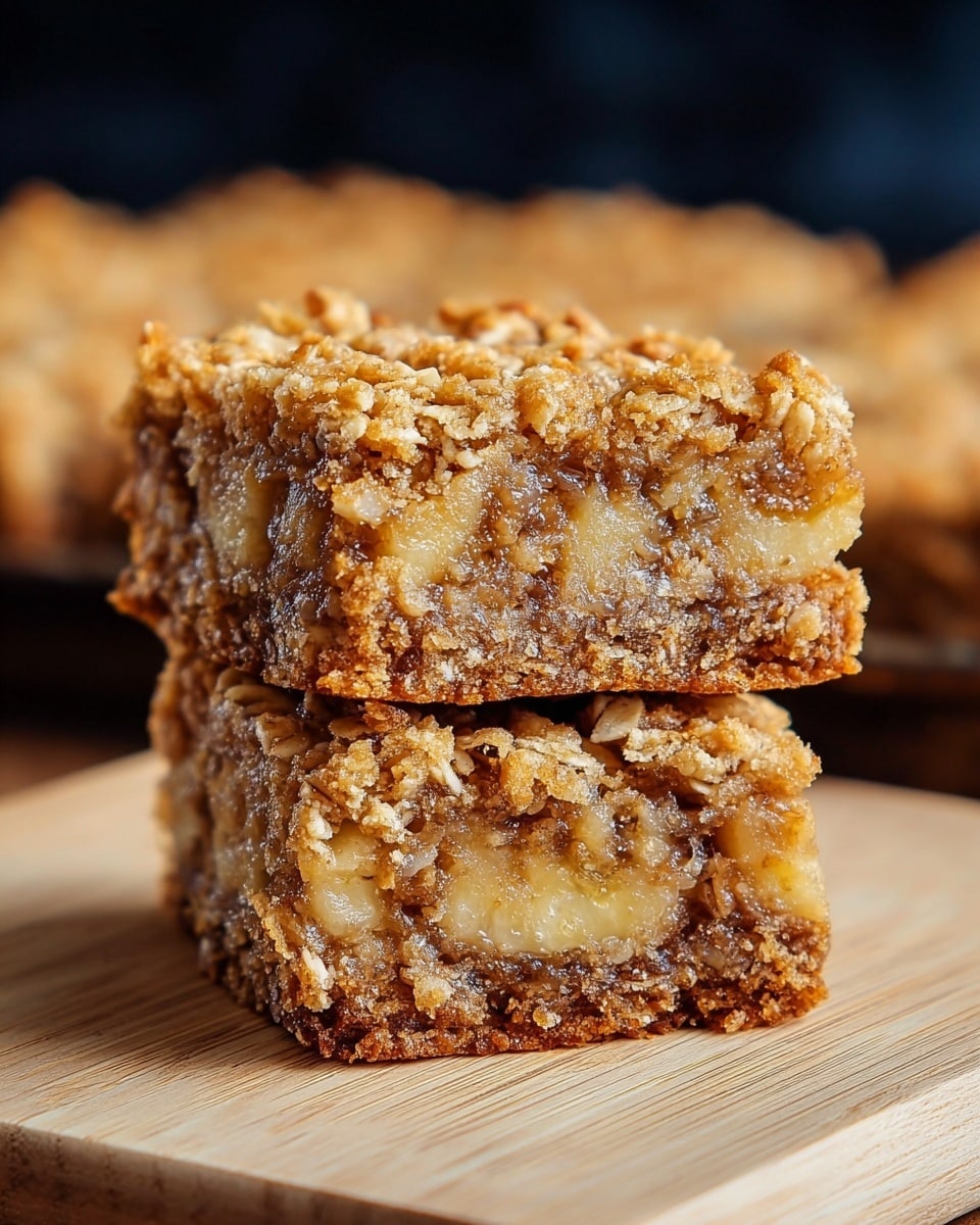 The image shows three square oatmeal bars with visible oats and chocolate chips embedded on the top and inside layers, laid out on crinkled brown parchment paper. Each bar is golden brown with a dense, chewy texture from the oats and melted chocolate bits. There is a flat silver spreading knife with a pink handle resting to the right on the parchment paper, which has some chocolate smears on it. The background beneath the parchment paper is a white marbled surface. photo taken with an iphone --ar 4:5 --v 7