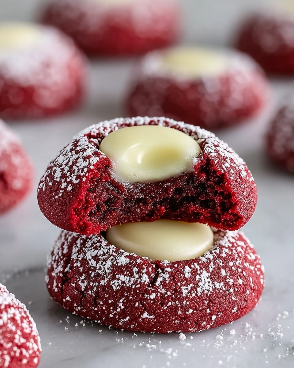 The image shows a close-up of two round red velvet thumbprint cookies stacked on a white marbled surface, with the top cookie having a bite taken out of it revealing a soft, moist, deep red interior. Each cookie is covered with a dusting of white powdered sugar, and they both have a smooth, creamy white filling in the center, looking glossy and thick. In the background, there are more of these red cookies out of focus, arranged neatly on the same surface. photo taken with an iphone --ar 4:5 --v 7