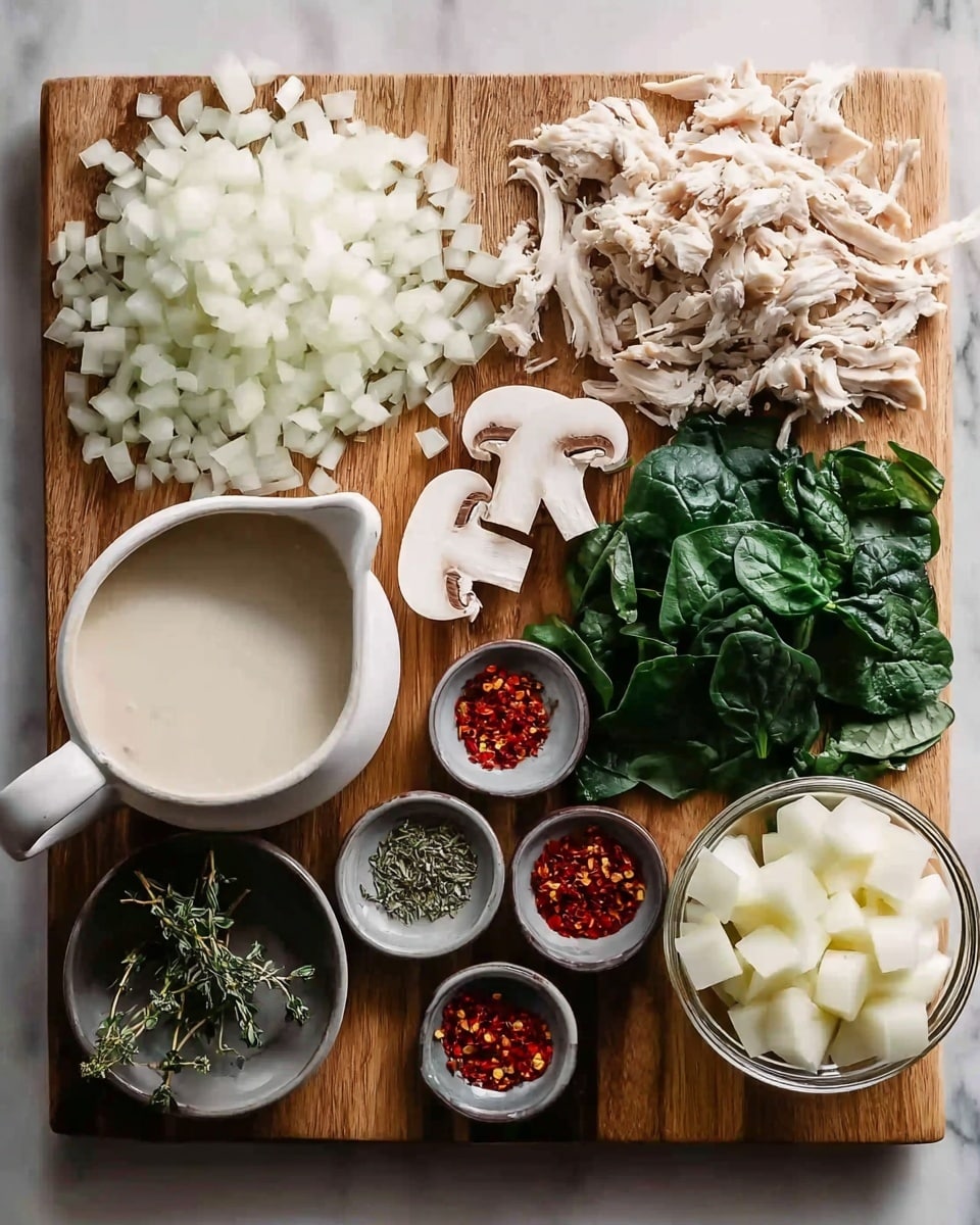 The image shows a wooden cutting board placed on a white marbled surface, holding various fresh ingredients arranged neatly in groups. On the top left corner, there is a pile of chopped white onions with a fine dice texture that looks soft and transparent. To the right of the onions, there is cooked shredded chicken that appears white with a slightly fibrous texture. Next to the chicken, on the far right, there is a bunch of fresh dark green spinach leaves with a slightly wrinkled surface. Below the onions, on the left, there is a white ceramic pitcher filled with cream, smooth and slightly thick. Beside the pitcher are slices of white mushrooms with brown caps and white interiors. In the middle lower part, small gray ceramic bowls hold red chili flakes and chili powder, with the chili flakes looking rough and textured. To the right of these spices, a small clear glass bowl contains diced white potatoes with sharp edges. At the far right bottom, two more small gray bowls hold dried green herbs, finely crumbled. A few sprigs of fresh green thyme are placed between the chicken and mushrooms. The overall layout is clean and well-organized. Photo taken with an iphone --ar 4:5 --v 7
