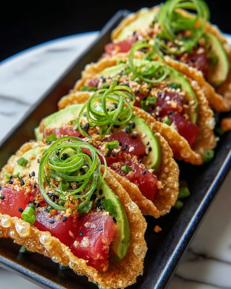 This image shows four small tacos on a dark tray, each taco shell crispy and golden brown with a bubbly texture. Inside each shell, there is a layer of bright pink raw tuna chunks that look fresh and juicy. On top of the tuna, there are thin slices of green avocado, slightly creamy in appearance. The tacos are garnished with finely chopped green onions and sprinkles of black and white sesame seeds, along with a light dusting of crushed nuts. A swirl of thin, curled green onion strips sits on top of each taco, adding a fresh and decorative touch. The background is a white marbled texture. Photo taken with an iphone --ar 4:5 --v 7