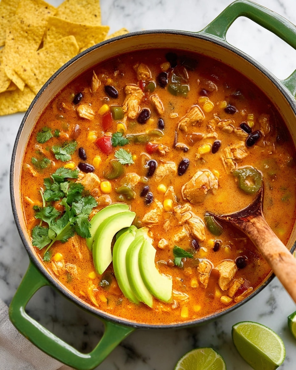 A large green pot filled with a thick soup showing three main layers: a creamy orange-red broth base, scattered with chunks of light brown cooked chicken, yellow corn kernels, dark black beans, small green bell pepper pieces, and reddish tomato bits, all mixed together. On the right side, some fresh bright green cilantro leaves lay on the surface beside three thin slices of light green avocado placed neatly in a fan shape. A wooden spoon with a smooth texture is dipped into the soup from the top right corner. In the background, lime wedges and yellow tortilla chips sit on a white marbled surface. photo taken with an iphone --ar 4:5 --v 7