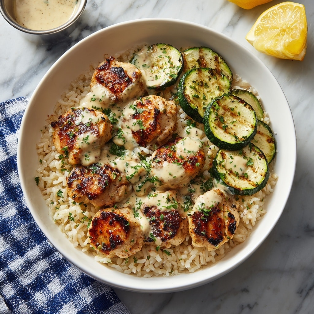 A white bowl filled with three layers: the bottom layer is a bed of light beige cooked rice with a slightly fluffy texture; the middle layer has a ring of three golden-brown grilled zucchini slices with slight charring and a green edge on the right side; the top layer contains nine small, round, golden-brown grilled chicken patties with crispy edges and a creamy light yellow sauce drizzled in dollops on top and around them; sprinkled chopped green herbs are scattered over the dish for garnish. The bowl is placed on a white marbled surface with half a lemon cut placed on the top right near the bowl and a small container of sauce partially visible at the top left. A blue and white checkered cloth is on the bottom left. photo taken with an iphone --ar 4:5 --v 7