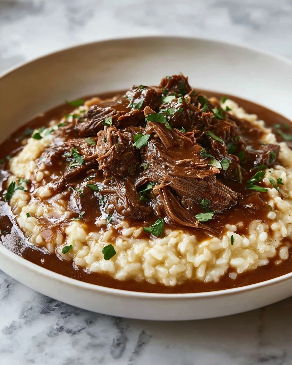 The dish shows a round white plate with creamy risotto at the bottom, its grains appearing soft and slightly shiny in pale yellow color. On top of the risotto, there is a generous layer of rich, brown shredded beef with a glossy texture, sitting in a thick, dark brown sauce that spreads slightly over the risotto edges. The beef is garnished with small, fresh green parsley leaves and thin, pale yellow slices of cheese, adding pops of color and texture contrast. The plate is set on a white marbled surface, making the food colors stand out. photo taken with an iphone --ar 4:5 --v 7