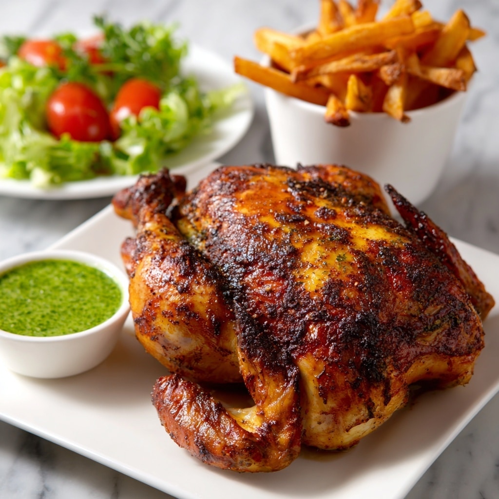 The dish shows a large white plate filled with a layer of bright yellow rice mixed with green peas and sprinkled with chopped green herbs. On top, there are three grilled chicken pieces with dark brown char marks, each covered lightly with a creamy green sauce and bits of chopped herbs. To the side of the chicken, a small white bowl holds more of the green sauce with black pepper on top. A silver spoon rests on the edge of the plate, partly on the yellow rice, with some sauce drizzled on the rice around it. The whole scene is set on a white marbled surface. Photo taken with an iphone --ar 4:5 --v 7