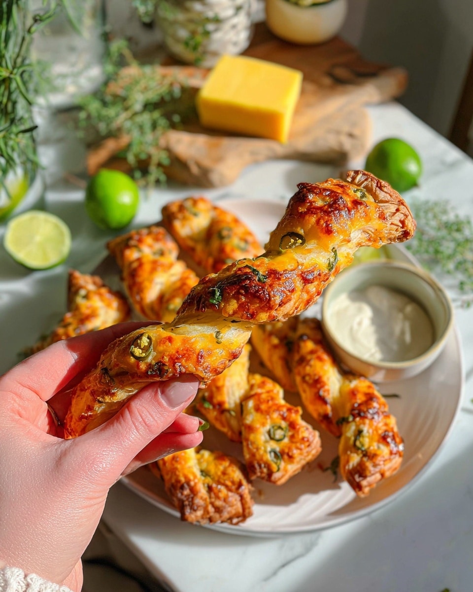A woman's hand holds a twisted puff pastry strip with a golden-brown crust, topped with melted orange cheese and bits of green jalapeño slices spread evenly throughout the crispy, bubbly cheese layer. The pastries in the background show similar textures and colors, stacked loosely inside a white plate. Around the plate, ingredients like halved lime, yellow block of cheese, and a small bowl of white dipping sauce sit on a white marbled surface under bright natural light, with some green herb sprigs in the corner. photo taken with an iphone --ar 4:5 --v 7
