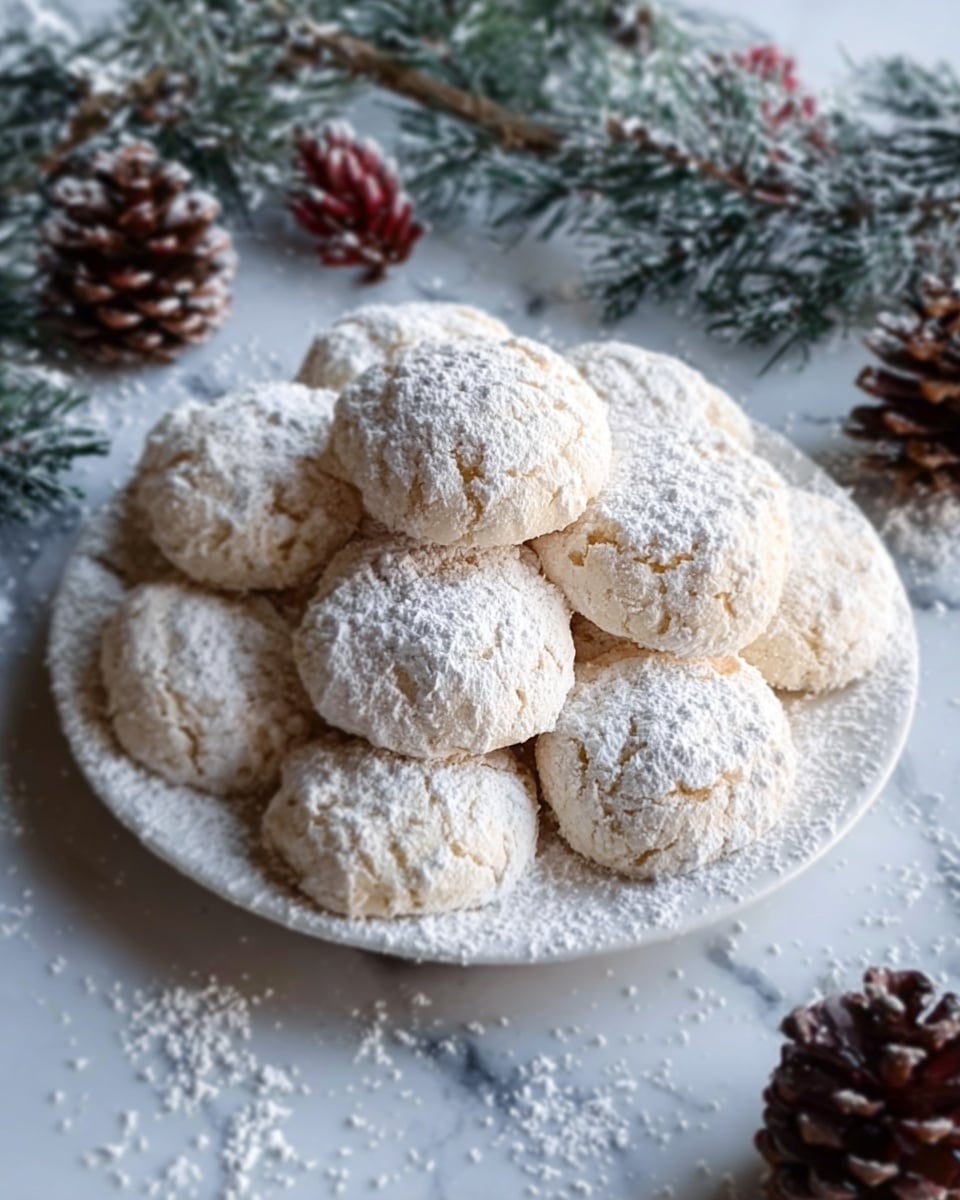 A white plate holds a pile of round cookies dusted with white powdered sugar, giving them a soft and snowy look. The cookies have a slightly cracked surface showing a light, fluffy texture inside. Around the plate, pine cones and small branches with green needles are scattered on a white marbled surface, and powdered sugar is also gently sprinkled across the entire scene, creating a winter feeling. The image is bright with natural light emphasizing the soft texture of the cookies. Photo taken with an iphone --ar 4:5 --v 7