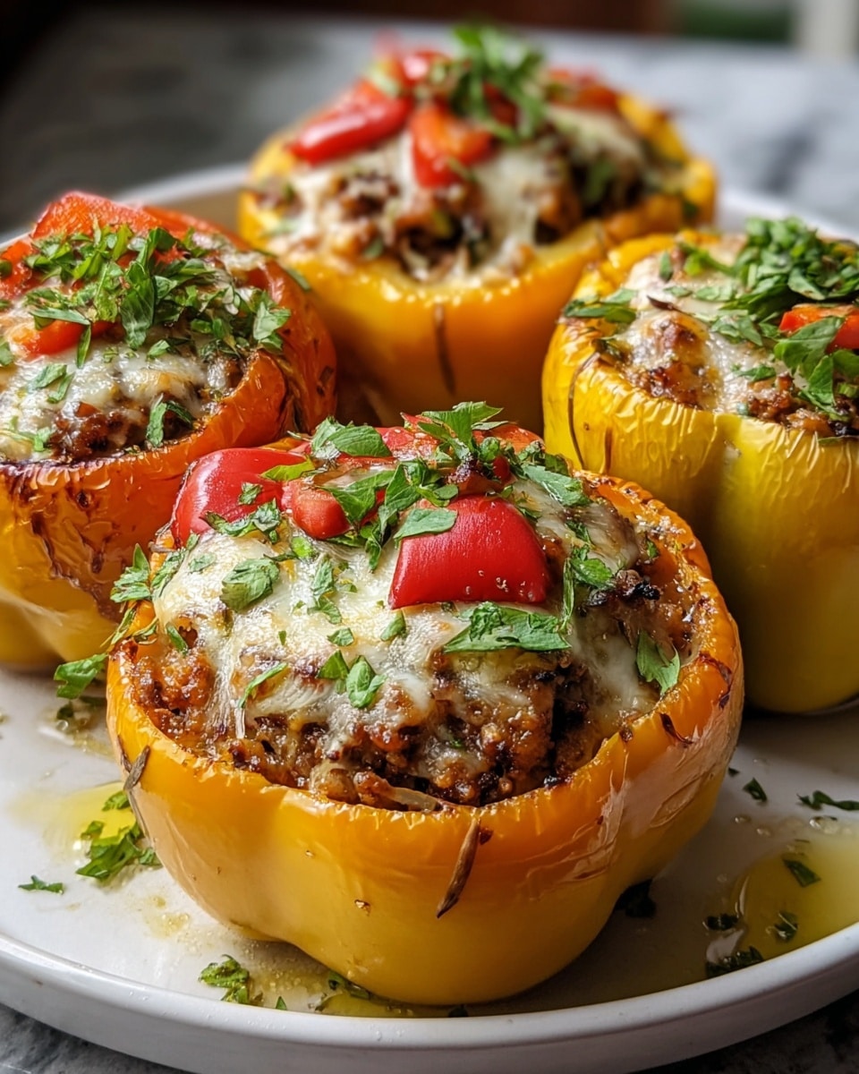 Four stuffed yellow bell peppers sit closely together on a white plate with a white marbled texture underneath. Each yellow pepper is hollowed out and filled with a mixture of ground meat and finely chopped vegetables, topped with melted golden-brown cheese that spills slightly over the edges. Small pieces of red bell pepper are visible on top, along with a generous sprinkle of fresh green herbs. The peppers have a slightly glossy, roasted look with a few browned spots. A light drizzle of oil glistens on and around the peppers, adding to their rich appearance. The photo taken with an iphone --ar 4:5 --v 7