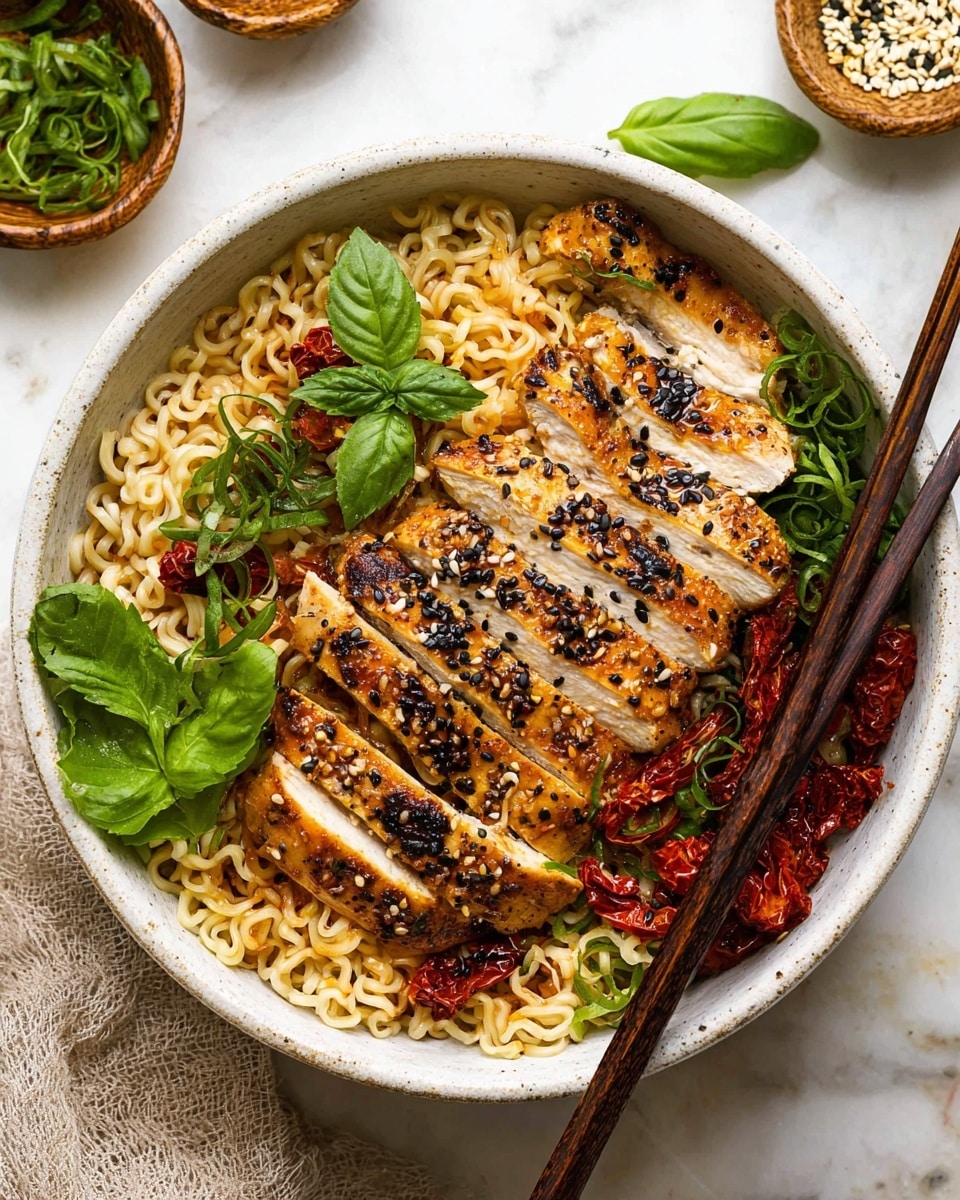 A white bowl filled with several layers starts with a base of light yellow cooked noodles with a soft and slightly curly texture in the center. On top and partially around the noodles are vibrant green sliced green onions and dark red sun-dried tomatoes. Behind these toppings, thin slices of grilled chicken with a golden-brown edge and a light tan interior lay fanned out, sprinkled with black and red pepper flakes and herbs. A green lime wedge is placed at the back near the chicken, adding a pop of bright green. A woman's hand is holding dark brown chopsticks, lifting some noodles above the bowl. The bowl rests on a white marbled surface. photo taken with an iphone --ar 4:5 --v 7