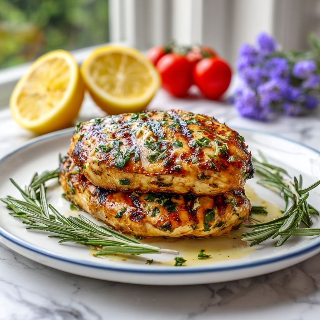 The image shows a stack of three grilled chicken breasts placed on a white plate with a subtle blue rim. The chicken breasts have visible grill marks and a golden-brown color with a glaze that makes them shine. They are topped with finely chopped herbs like parsley and minced garlic. Around the stack, there are two sprigs of fresh rosemary lying on the plate. Behind the chicken, there are two lemon slices with a pale yellow color and two bright red cherry tomatoes, adding a pop of color. There's also a small purple flower in the background. The scene is set on a white marbled surface with soft natural light coming from a window nearby. Photo taken with an iphone --ar 4:5 --v 7