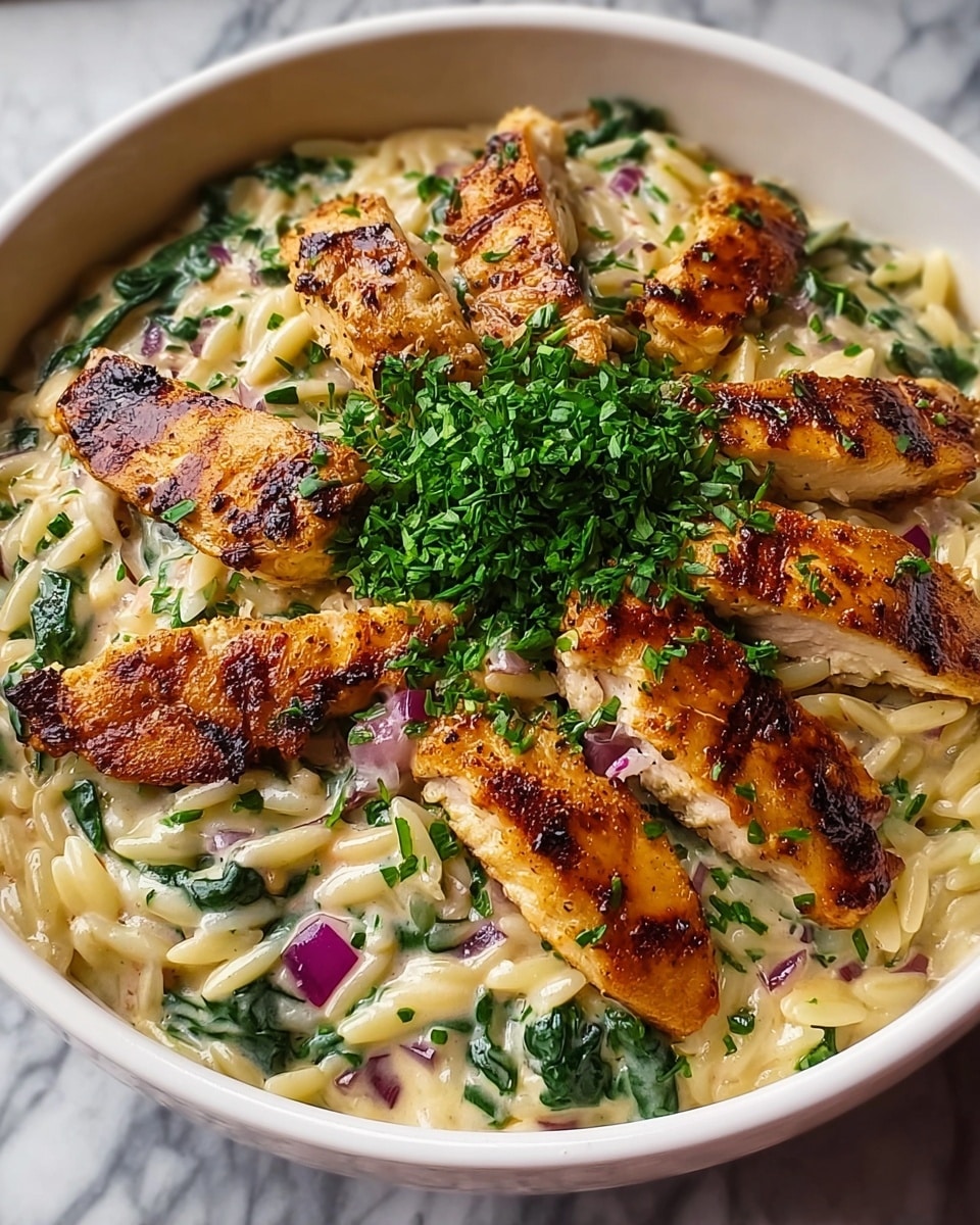 A white bowl filled with creamy orzo pasta mixed with small pieces of cooked spinach and finely chopped red onions, topped with six grilled golden-brown chicken strips arranged around the edge. The dish is garnished with a small pile of chopped fresh green herbs in the center, creating a fresh and colorful contrast to the light beige creamy sauce. The bowl sits on a white marbled surface. photo taken with an iphone --ar 4:5 --v 7