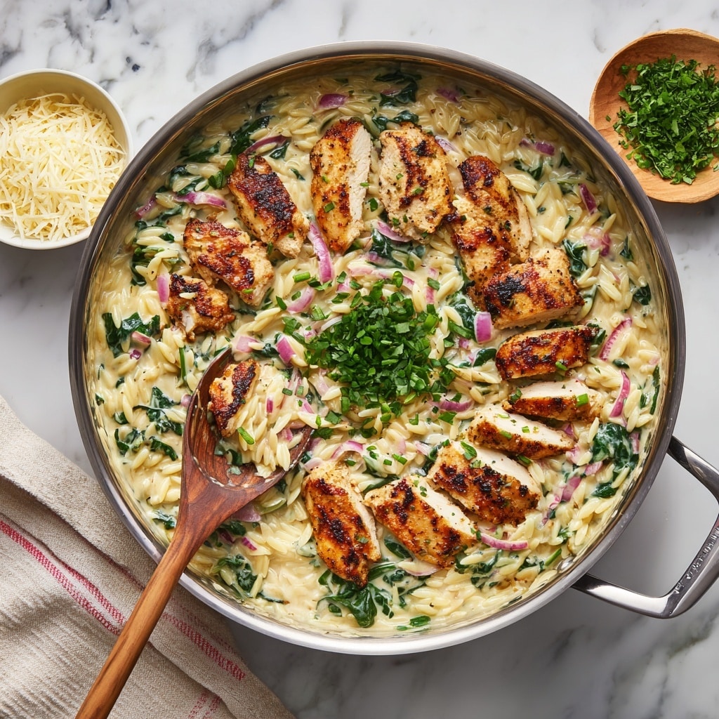 A large silver pot filled with a creamy dish containing several layers: chunks of golden-brown cooked chicken pieces scattered evenly across, mixed with light yellow orzo pasta that has a soft, slightly textured look, and bright green spinach leaves interspersed throughout. The top is sprinkled with white grated cheese adding a fine, textured layer. A wooden spoon is partially submerged in the pot, lifting a mix of the ingredients. To the side, there is a small white bowl filled with more grated cheese, some green herbs, and a striped beige-white cloth lies on the white marbled surface below. photo taken with an iphone --ar 4:5 --v 7