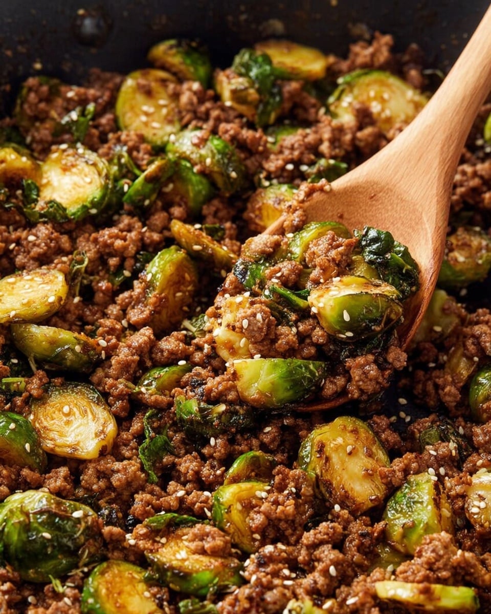A white bowl filled with a base layer of white rice with medium grain scattered evenly, topped with cooked ground beef that is brown and crumbly, mixed with roasted Brussels sprouts which are green with browned, slightly crispy edges and some yellowish leaves. The mixture also has small bits of dark char and sesame seeds sprinkled on top, adding texture. A silver fork rests inside the bowl to the left side. The bowl is placed on a white marbled surface with a grayish cloth to the right side. Photo taken with an iphone --ar 4:5 --v 7