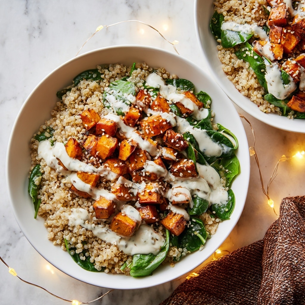 A white bowl sits on a white marbled surface, filled with three main layers: the bottom layer is a bed of light brown grains, the middle layer is fresh dark green spinach leaves scattered evenly, and the top layer consists of golden-brown roasted sweet potato cubes spread all over. The dish is drizzled with a creamy white sauce in thin lines, and sprinkled with small white sesame seeds across the top. Photo taken with an iphone --ar 4:5 --v 7