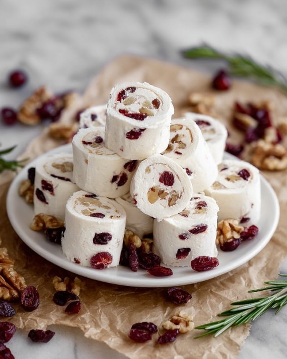The image shows a white plate stacked with many small white creamy rolls. Each roll has three layers: the outside layer is a smooth white wrap, the middle layer is thick white cream, and inside are small bits of red dried cranberries and light brown walnut pieces scattered evenly. The rolls are cut into short cylinders and arranged in a pyramid shape on the plate. Around the plate on crumpled parchment paper, there are loose pieces of walnuts and dried cranberries scattered. The background surface is a white marbled texture. A sprig of green rosemary is placed next to the plate. Photo taken with an iphone --ar 4:5 --v 7