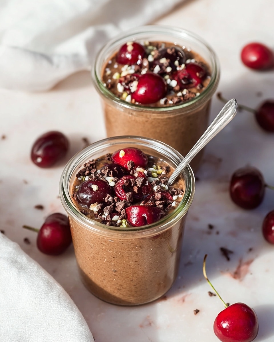 A tall glass jar filled with a creamy beige smoothie that has visible small dark specks inside, likely pieces of cherries or chocolate. On top, dark brown chocolate shavings are scattered, with five glossy deep red cherries placed neatly, each with a green stem. The jar sits on a white marbled surface decorated with small pine cones, scattered deep red cherries, and warm yellow fairy lights blurred softly in the background, creating a cozy and festive mood. photo taken with an iphone --ar 4:5 --v 7