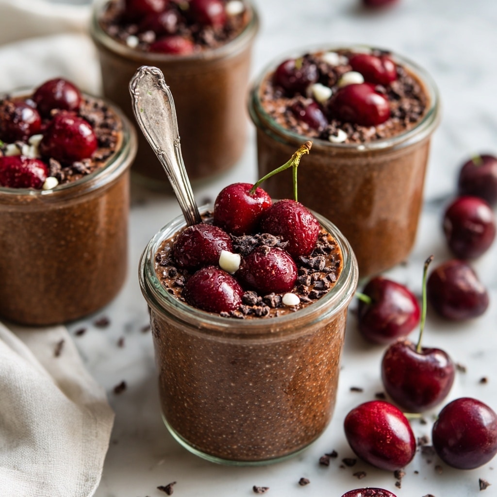 The image shows two clear glass jars filled with a thick brown pudding-like mixture. Each jar is topped with dark red cherry halves, small white seeds, and dark chocolate or cacao nibs creating a textured, colorful topping. A silver spoon stands inside the jar at the front. The jars sit on a soft white marbled surface with whole dark red cherries scattered around, and a white cloth partially visible at the left edge. The lighting is bright and natural, casting soft shadows. photo taken with an iphone --ar 4:5 --v 7