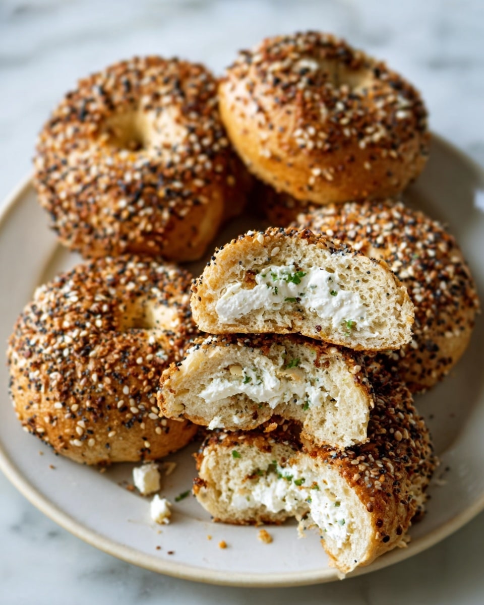 The image shows a close-up of five small round bagels covered with a mix of seeds in shades of brown, white, and black, arranged on a white plate. One bagel is cut in half and stacked, revealing a soft inside with a layer of creamy white spread and small green herbs on the cut surfaces. The bagels have a golden-brown crust with a textured seed coating. The plate sits on a white marbled surface. The lighting highlights the shiny and crunchy texture of the seeds. photo taken with an iphone --ar 4:5 --v 7