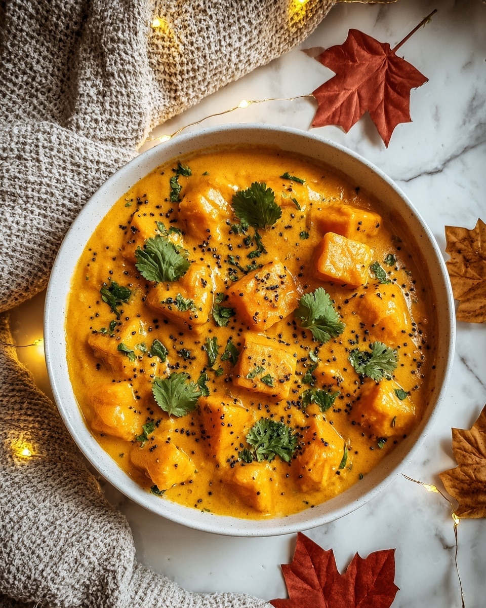 The image shows a white bowl filled with a thick, creamy orange curry with visible chunks of soft, cubed pumpkin submerged in the sauce. The dish is topped with green cilantro leaves scattered across the surface and sprinkled with black pepper seeds. The bowl sits on a white marbled surface, surrounded by a light beige textured fabric on the left and autumn leaves on the right, with warm fairy lights adding a cozy touch to the scene. photo taken with an iphone --ar 4:5 --v 7