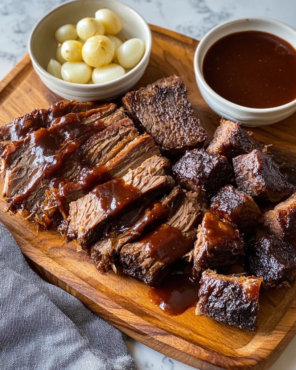 The image shows a wooden cutting board on a white marbled texture, topped with a pile of sliced and chunked burnt ends of beef brisket. The beef has a dark, shiny, charred crust on the outside, with tender, juicy brown meat visible inside. A generous layer of glossy dark brown barbecue sauce coats some of the beef pieces. On the top left, there is a white bowl filled with peeled garlic cloves, and on the top right, a white bowl contains a rich, smooth, dark brown barbecue sauce. A soft grey cloth lies partially under the cutting board on the left side. photo taken with an iphone --ar 4:5 --v 7