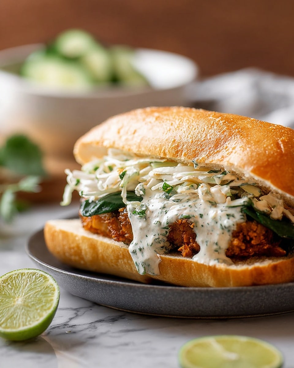 An open sandwich served on a white rectangular plate with a white marbled surface underneath. The base layer is a soft, light-colored sandwich roll, topped with a thick, crispy, golden-brown fried chicken fillet seasoned with spices. On top of the chicken are thinly sliced, fresh green cucumber rounds and shredded white cabbage. Drizzled generously over the top is a light yellow creamy sauce with visible green herbs and small red pepper flakes. In the background, there's a white bowl filled with noodles and sliced white onions, and part of the sandwich top bun rests to the side on the plate. A wedge of lime is visible at the edge of the plate. Photo taken with an iphone --ar 4:5 --v 7