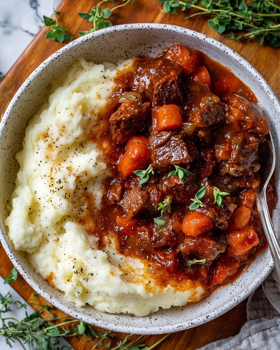 A close-up view of a black slow cooker filled with a rich, dark brown beef stew. The stew has chunky layers of tender beef pieces with a glossy brown texture, thick red-brown gravy covering most of the surface, and scattered orange carrot slices throughout. The carrots are cut thickly and slightly soft-looking. There are also a few small pieces of mushrooms and sprigs of fresh thyme adding texture. A silver spoon rests inside the stew on the right side, partially submerged, with some gravy on it. The slow cooker is placed on a white marbled surface. photo taken with an iphone --ar 4:5 --v 7