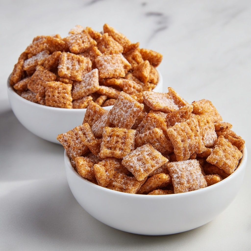 A close-up image of a bowl filled with many square-shaped, golden-brown cereal pieces that have a textured, grid-like surface. Each piece is lightly coated in a white powder, likely powdered sugar, giving a frosty look. The cereal pieces have a crispy, crunchy texture and are packed closely together, filling the white bowl. The background shows a white marbled texture. photo taken with an iphone --ar 4:5 --v 7