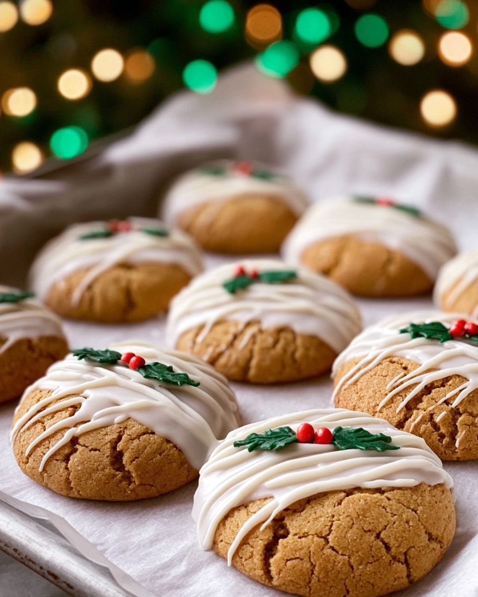 The image shows round gingerbread cookies arranged on a white marbled surface, decorated in three different ways. Some cookies have a smooth, thick white icing covering half of the top layer, adorned with green holly leaves and three red berries made of icing near the center; the other half is exposed, showing a textured brown cookie with cracks. Other cookies are half-covered with white icing but decorated with thin white icing drizzles running vertically over the exposed cookie side. A few cookies are fully exposed, dusted with powdered sugar and topped with a small cluster of green and red round candies. White snowflake-shaped sprinkles are scattered around the cookies on the surface, adding a festive touch. The lighting highlights the textures and decorations clearly. Photo taken with an iphone --ar 4:5 --v 7
