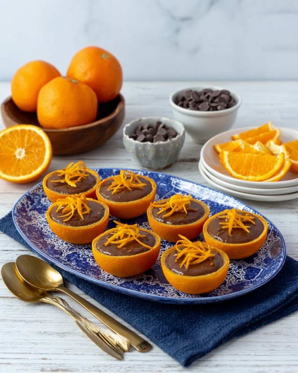 Three orange halves filled with a dark chocolate dessert are placed on a wooden board resting on a white marbled surface covered partially by a white cloth with a red edge. Each orange half is topped with a small pile of orange zest curls. Nearby, there is a white coffee cup with light brown coffee inside, sitting on a matching white saucer with a silver rim. Photo taken with an iphone --ar 4:5 --v 7