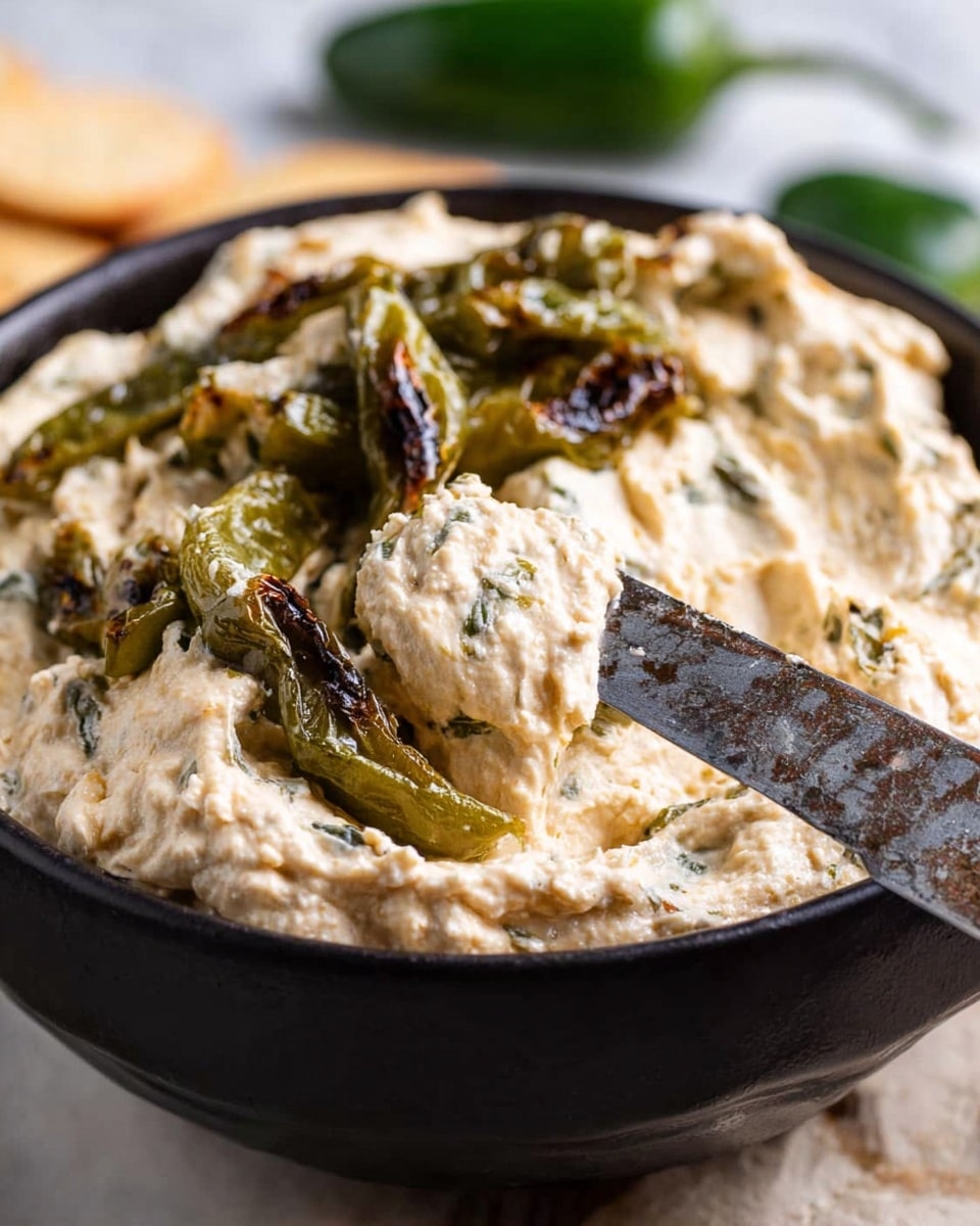 The image shows a black bowl filled with a creamy, thick dip that has a pale beige color with green bits mixed inside. On top of the dip, there are several pieces of roasted green peppers that are slightly charred, giving a darkened texture to parts of them. A knife with a textured, rustic blade is scooping some of the dip, showing its smooth and slightly chunky texture. The bowl rests on a white marbled surface with a blurred white and green background. photo taken with an iphone --ar 4:5 --v 7