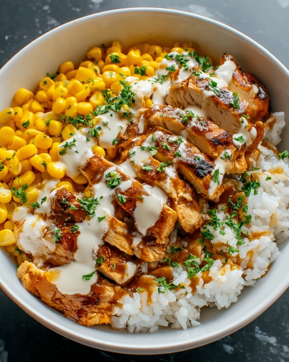 A white bowl contains a dish with three main layers: the bottom layer is white rice covering the base, on one side there is bright yellow corn filling about half of the bowl, and on the other side, sliced grilled chicken pieces with a golden-brown color rest on the rice. A light brown sauce is drizzled over the chicken, topped with a creamy white sauce and sprinkled with small green herb leaves. The bowl is placed on a white marbled surface. Photo taken with an iphone --ar 4:5 --v 7