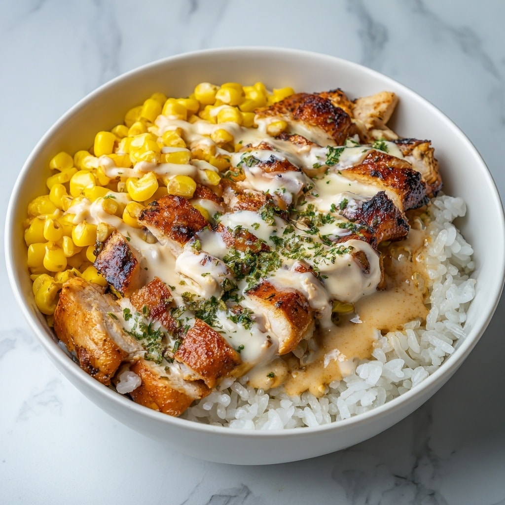 A white bowl filled with four main layers: the first bottom layer is bright white rice spread evenly, topped with several slices of shiny, dark brown grilled chicken with char marks, arranged in the center; to the left and right edges are small piles of yellow corn kernels, adding a pop of color; on the top right side, a small mound of pale green shredded cabbage sits next to a few slices of fresh light green avocado placed on the bottom left edge, all set on a white marbled surface. photo taken with an iphone --ar 4:5 --v 7