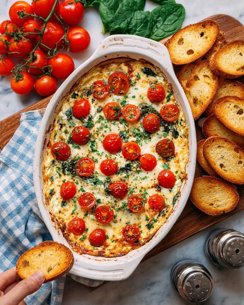 A white bowl filled with a baked cheese dip showing three main layers: the bottom layer is melted white cheese mixed with chopped green spinach, the middle layer has melted gooey cheese stretching upwards as a woman's hand lifts a golden-brown toasted bread piece coated with creamy cheese, and the top layer is decorated with halved bright red cherry tomatoes. The dish is set on a white marbled surface with a beige and blue cloth nearby. photo taken with an iphone --ar 4:5 --v 7