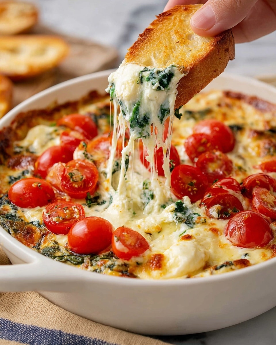 An oval white dish filled with a baked dip, the top layer covered evenly with melted white cheese and decorated with halved bright red cherry tomatoes and scattered green chopped herbs. Around the dish, golden brown toasted oval bread slices are placed on a wooden board to the right. To the left, fresh bright red cherry tomatoes still on the vine and green spinach leaves rest on a white and blue checkered cloth over a white marbled surface. Two metal shaker containers are positioned on the bottom right corner, and a woman's hand is about to pick a toasted bread slice. Photo taken with an iphone --ar 4:5 --v 7