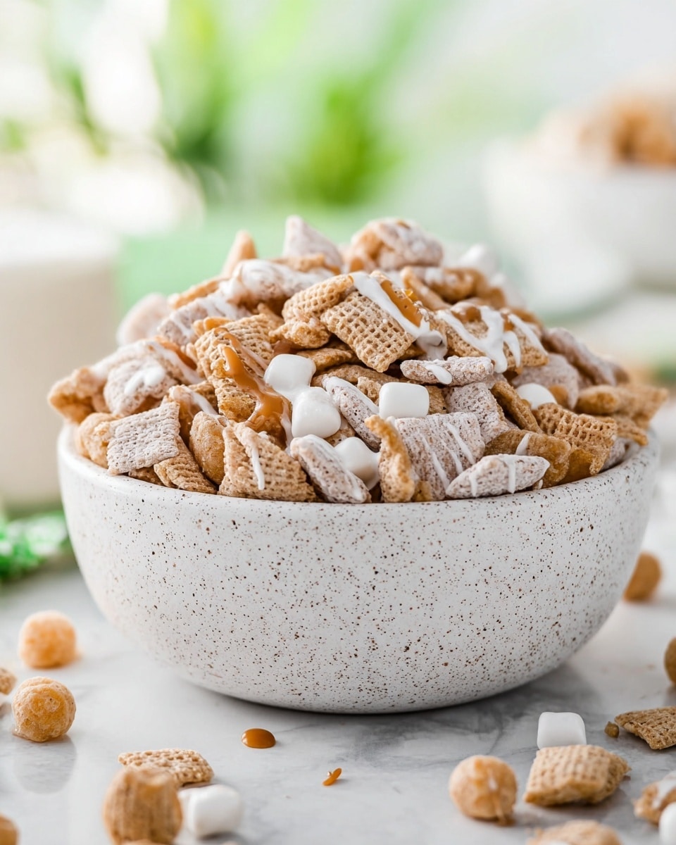 A bowl filled with a mix of light brown square cereal pieces coated in white powder, scattered with small round orange balls, and topped with larger peach-colored chunks. The cereal mix has a drizzle of creamy white coating and a few drops of caramel-colored syrup on top. The bowl sits on a white cloth on a white marbled surface, with some cereal pieces and orange balls scattered around it. Nearby are two metal spoons and two glass jars filled with milk. A green and white checkered cloth is spread out behind the bowl. photo taken with an iphone --ar 4:5 --v 7
