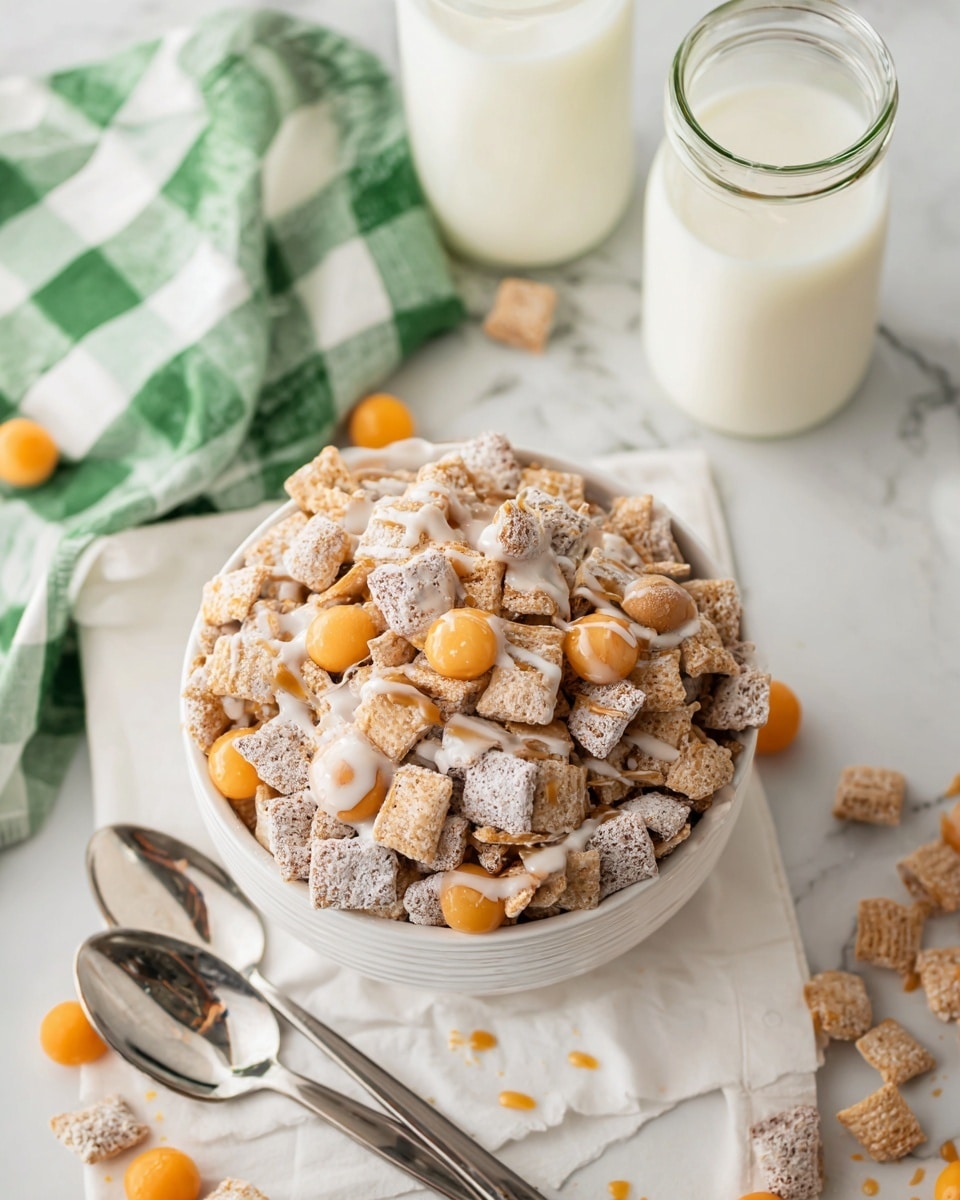 A close-up view of a white speckled bowl filled with a mix of cereal pieces in different shapes and sizes. The cereal is layered unevenly, with light brown crunchy clusters, small tan puffed balls, and larger beige pieces coated with a white glaze. Some cereal pieces have a slightly shiny caramel-colored drizzle on top. The bowl is set on a white marbled surface scattered with a few cereal pieces and puffed balls. The background is softly blurred with light green and white colors, giving a fresh, bright feel. photo taken with an iphone --ar 4:5 --v 7