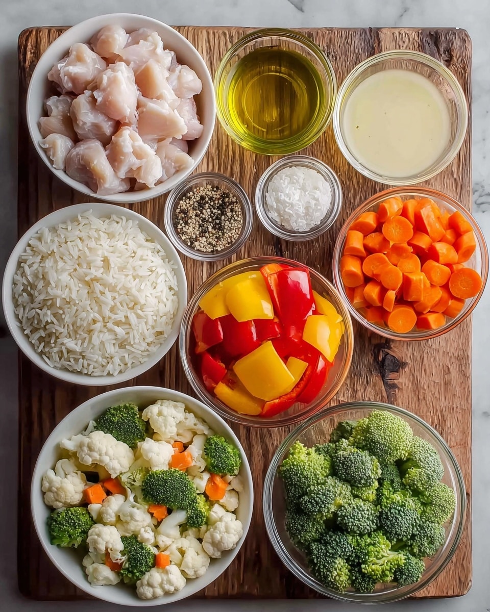 A white bowl filled with a base layer of white rice, topped with sliced grilled chicken breast arranged neatly on one side, covered in creamy orange sauce sprinkled with red chili flakes and chopped green onions. Around the rice are six sections of fresh vegetables: shredded purple cabbage, diced green cucumber, shredded orange carrots, round slices of green cucumber, halved red cherry tomatoes, and chopped green lettuce, all vibrant and fresh. The bowl is placed on a white marbled surface. Photo taken with an iphone --ar 4:5 --v 7