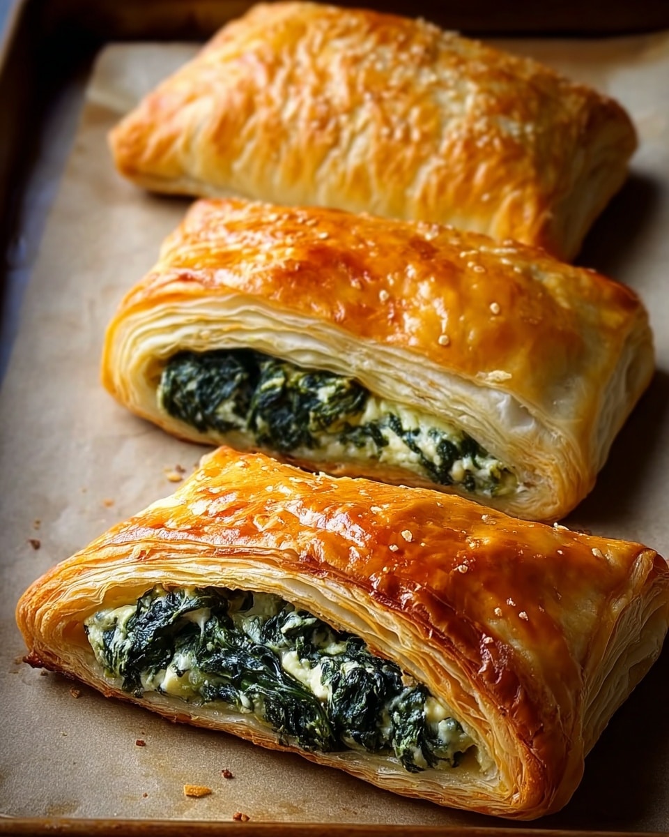 Three golden-brown puff pastries rest on parchment paper over a baking tray, each with a crisp, flaky crust showing multiple light, layered folds. The pastries are cut open, revealing two distinct layers inside: the bottom layer is a thin, smooth pale dough base, while the top layer is a hearty, textured mix of dark green spinach and white creamy cheese. The overall look is warm and inviting, with the shiny baked surface contrasting the rich green filling peeking through. photo taken with an iphone --ar 4:5 --v 7