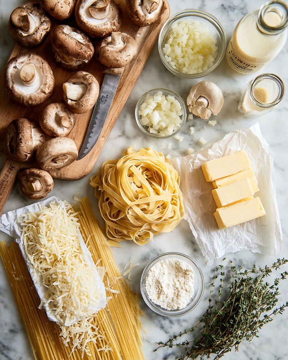 A white marbled surface holds cooking ingredients arranged carefully; on the left, whole and sliced brown mushrooms sit on a wooden cutting board with a knife. Near the top, there are small glass bowls filled with chopped onions and minced garlic. In the center, a nest of pale yellow fresh pasta rests. Nearby, a white wrapper holds several rectangular slices of pale yellow butter. Two small glass bowls contain white flour and grated cheese, while sprigs of fresh green thyme lay at the bottom right. A bottle of light cream is placed near the thyme and flour, and a bottle of clear liquid stands at the top left. The scene shows the raw elements for cooking a mushroom pasta dish. photo taken with an iphone --ar 4:5 --v 7