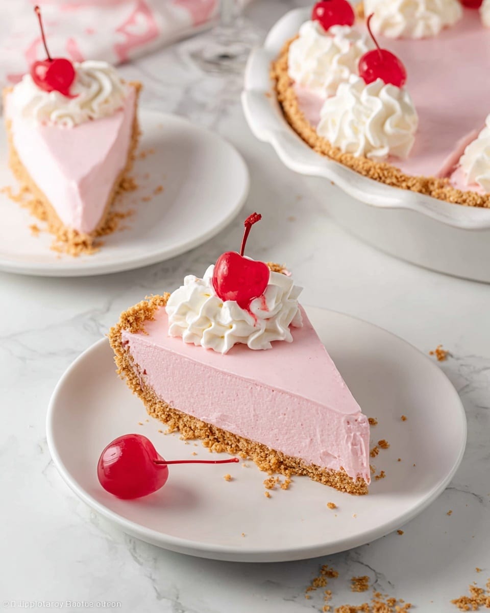 A slice of pink creamy pie with three visible layers rests on a white plate: a thin crumbly golden crust at the bottom, a thick and smooth pale pink filling in the middle, and a lighter pink top layer. On top of the slice sits a small swirl of white whipped cream with a bright red cherry with stem placed on it. The plate is on a white marbled surface with a few crumbs scattered around. In the background, part of the remaining pink pie in a white dish is shown with five more whipped cream and cherry toppings along its edge, along with another slice on a white plate. Photo taken with an iphone --ar 4:5 --v 7