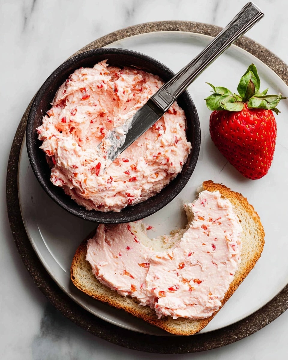 A round white plate with a small black bowl filled with a creamy, pink spread that has visible small red chunks, giving it a textured look; a silver knife with a black handle lies inside the bowl covered in the same spread. Next to the bowl, two slices of bread are topped with a thick, even layer of the pink spread, one slice slightly overlapping the other with a bite taken from the top slice. A fresh, bright red strawberry with a green leafy top rests beside the bread, all placed on a white marbled surface. photo taken with an iphone --ar 4:5 --v 7