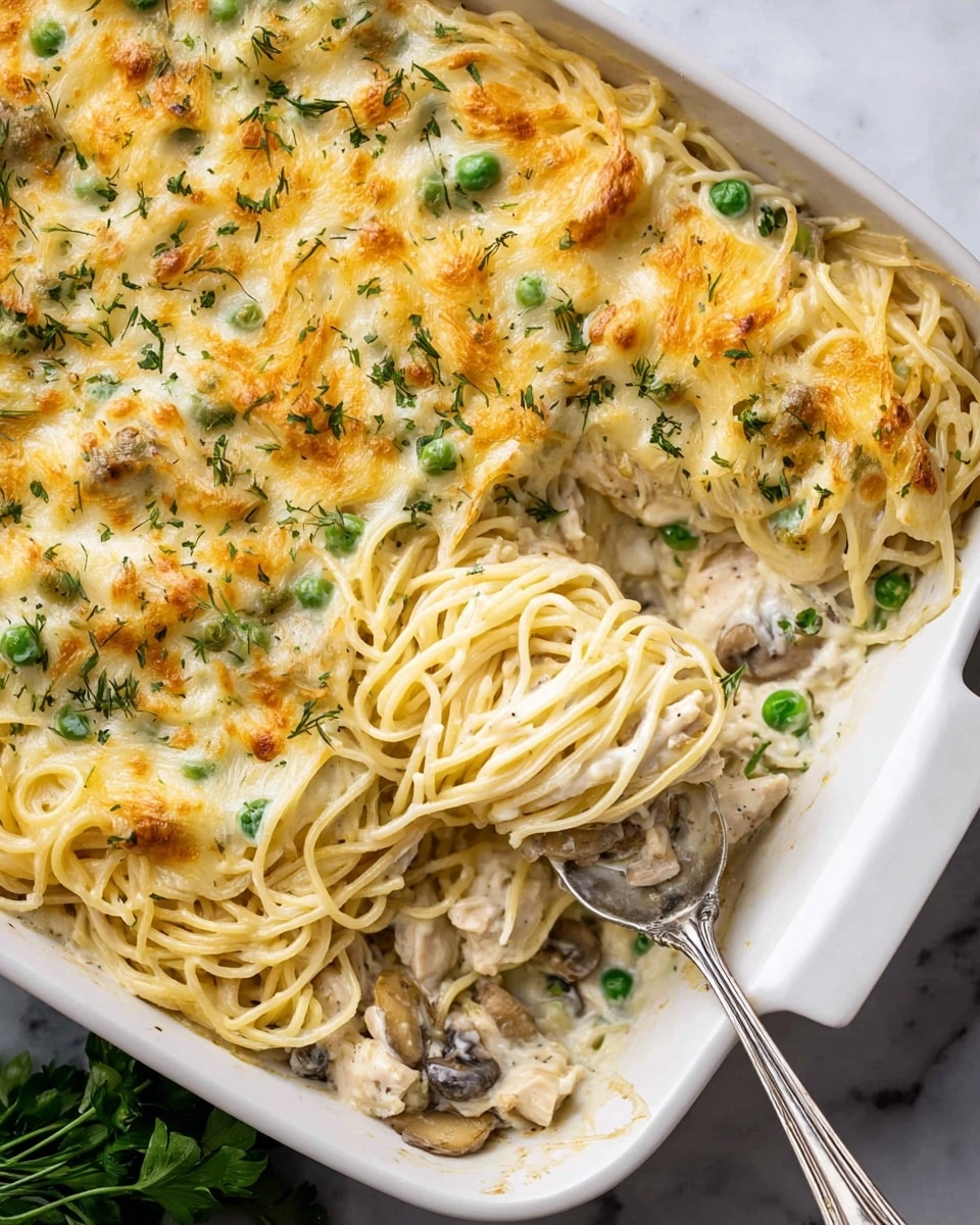 A white rectangular baking dish filled with a creamy noodle casserole. The top layer is a golden-brown melted cheese with small green peas and bits of herbs sprinkled over it. Underneath, there are cooked spaghetti noodles mixed with tender pieces of chicken, green peas, and mushrooms, all coated in a creamy white sauce. A silver serving utensil is lifting some noodles from the dish, showing the thick, cheesy texture inside. The dish sits on a white marbled surface with a bunch of green herbs peeking in from the top left corner. photo taken with an iphone --ar 4:5 --v 7