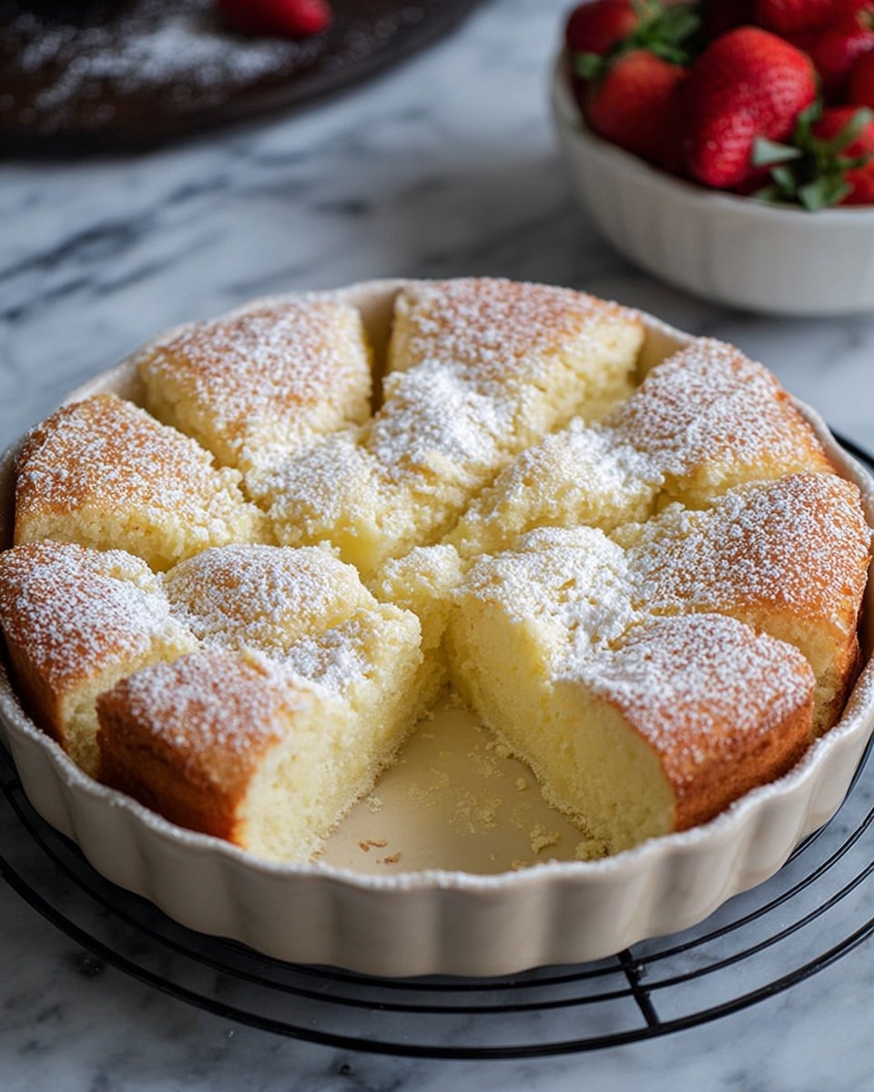 The image shows a round, golden-baked cake cut into nine pieces, with a soft and fluffy texture. The cake has a light dusting of powdered sugar on top giving it a white powder look. The top layer is slightly browned and uneven, while the inside looks pale yellow and soft. The cake is set in a white baking dish with fluted edges, which is placed on a black wire rack over a white marbled surface. In the background, there is a white bowl with bright red strawberries inside, slightly blurred. photo taken with an iphone --ar 4:5 --v 7