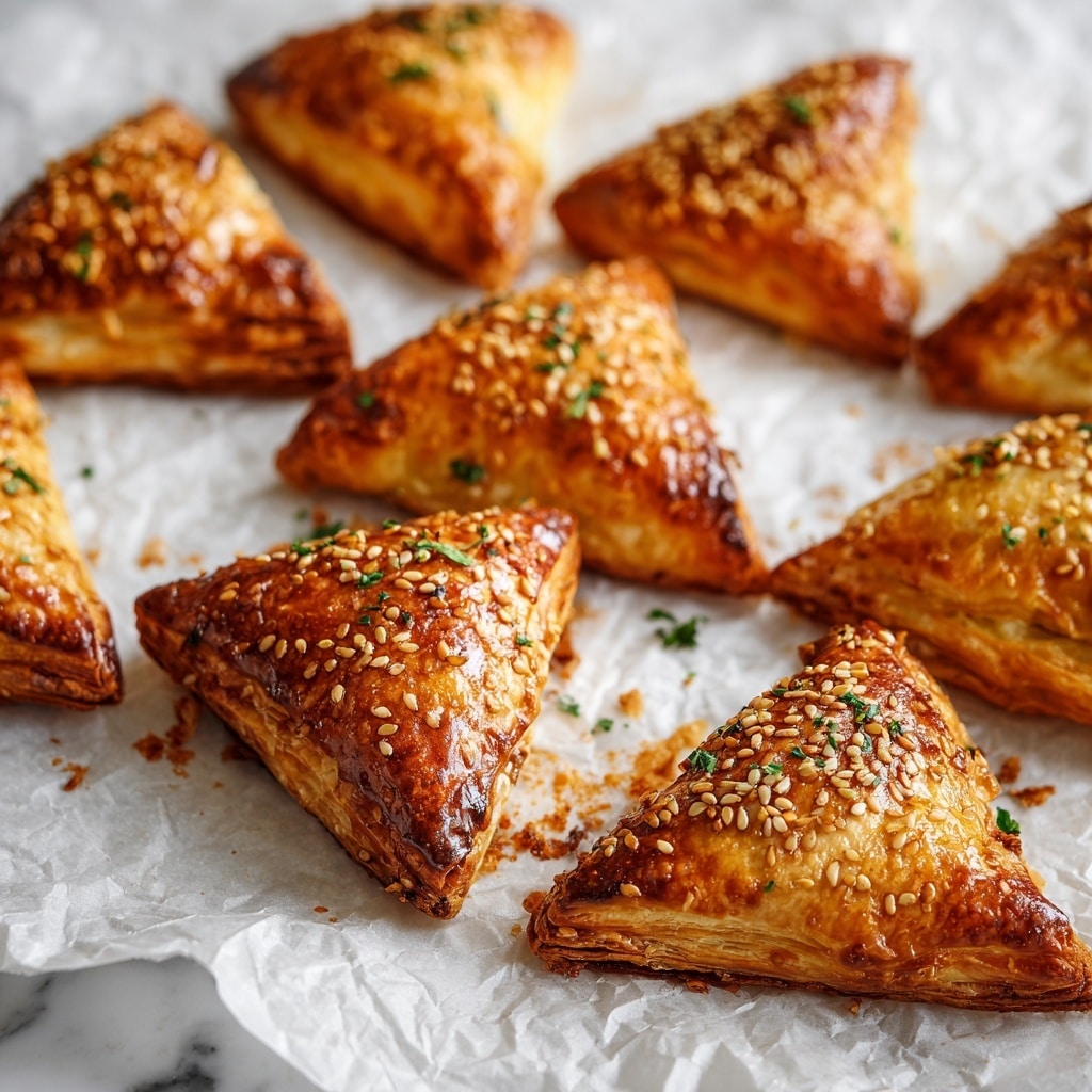 The image shows a white plate lined with crinkled white parchment paper holding seven golden-brown triangular pastries arranged close together. Each pastry has a shiny, crispy surface with dark toasted spots and a slightly uneven texture, indicating a flaky crust. They are sprinkled with small bits of green herbs and white sesame seeds scattered across the top, adding extra color and texture contrast. The warm colors of the pastries stand out against the clean white marble-textured background. photo taken with an iphone --ar 4:5 --v 7