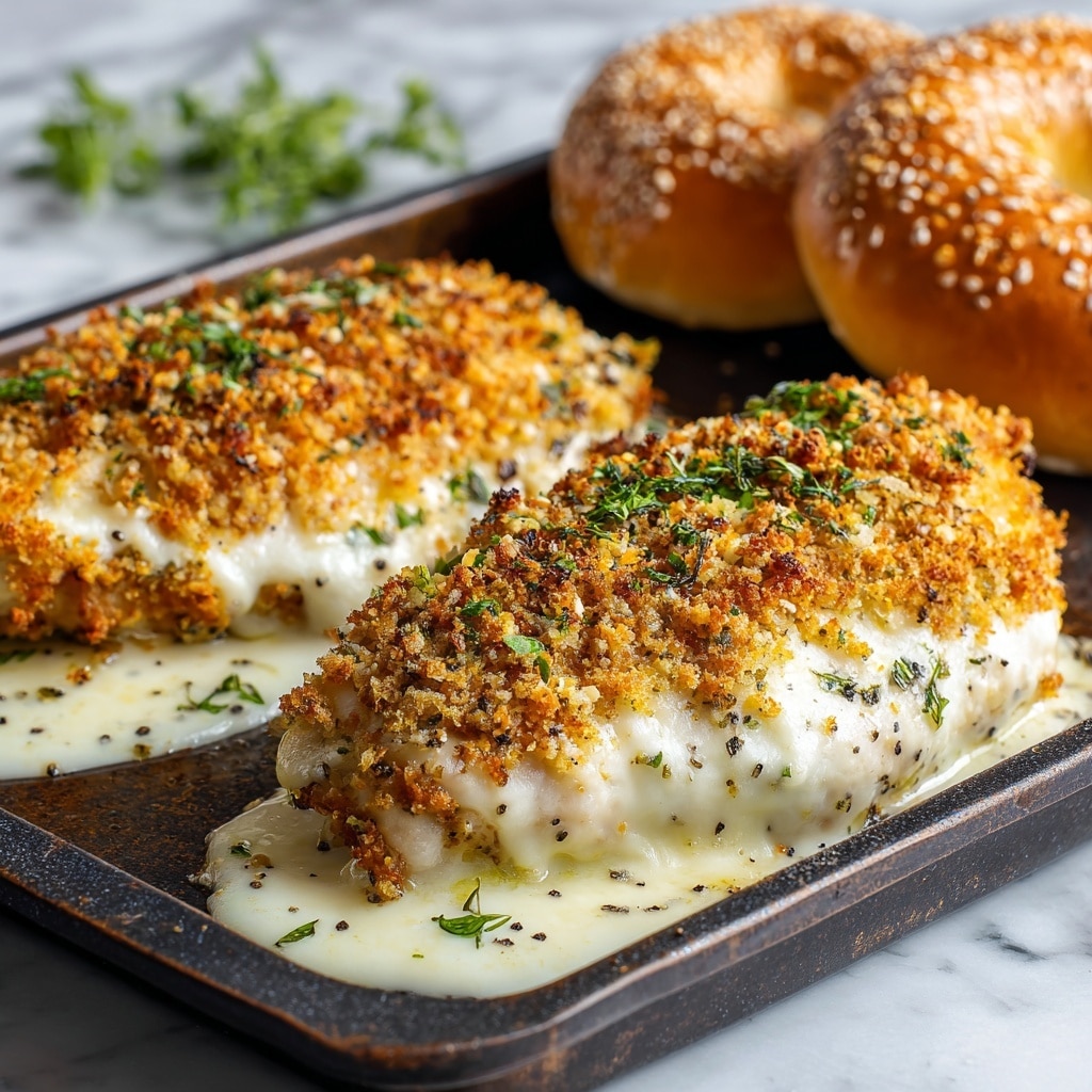 The image shows two pieces of baked chicken breast on a dark baking tray placed on a white marbled surface. Each chicken breast is covered with a thick layer of creamy white sauce that has melted and spread slightly around the edges. On top of the creamy sauce, there is a crispy, golden-brown breadcrumb crust mixed with herbs and small bits of seasoning, giving a textured look. In the background, there are two sesame seed bagels resting softly on the tray, adding a contrast with their warm brown color and speckled seeds. Small sprinkles of green herbs and black pepper are scattered over the chicken, adding a touch of color and freshness. photo taken with an iphone --ar 4:5 --v 7