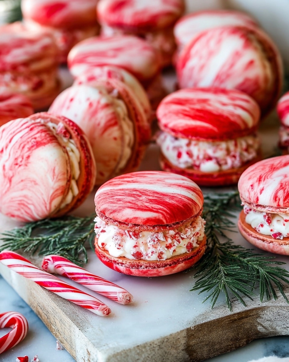The image shows a white square box full of round pink macarons with red swirls on top. Each macaron has two smooth shells with a visible layer of white cream and crushed pink candy in the middle. Some macarons are stacked flat while others stand on their sides, showing the filling inside. The box is placed on a white marbled surface, surrounded by more macarons with the same swirl design. There are small green pine leaves and red-and-white striped candy canes placed inside and around the box, adding a festive touch. Photo taken with an iphone --ar 4:5 --v 7