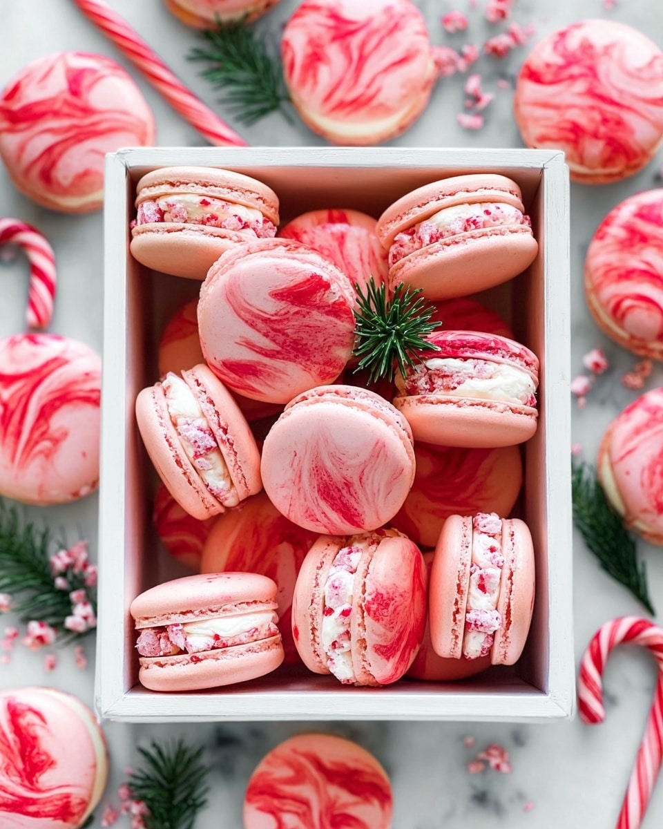 A group of round macarons with red and white swirled tops are arranged closely on a rustic white wooden board. Each macaron has two smooth, shiny shells that blend red and white color in a swirled pattern, and a middle layer of white cream mixed with small crushed candy pieces that have red and white colors. The surface beneath is a white marbled texture and there are two red and white striped candy canes placed near the front, along with green pine sprigs that add a festive feel. The overall look is bright, colorful, and festive with a soft focus on the macarons in the middle. photo taken with an iphone --ar 4:5 --v 7