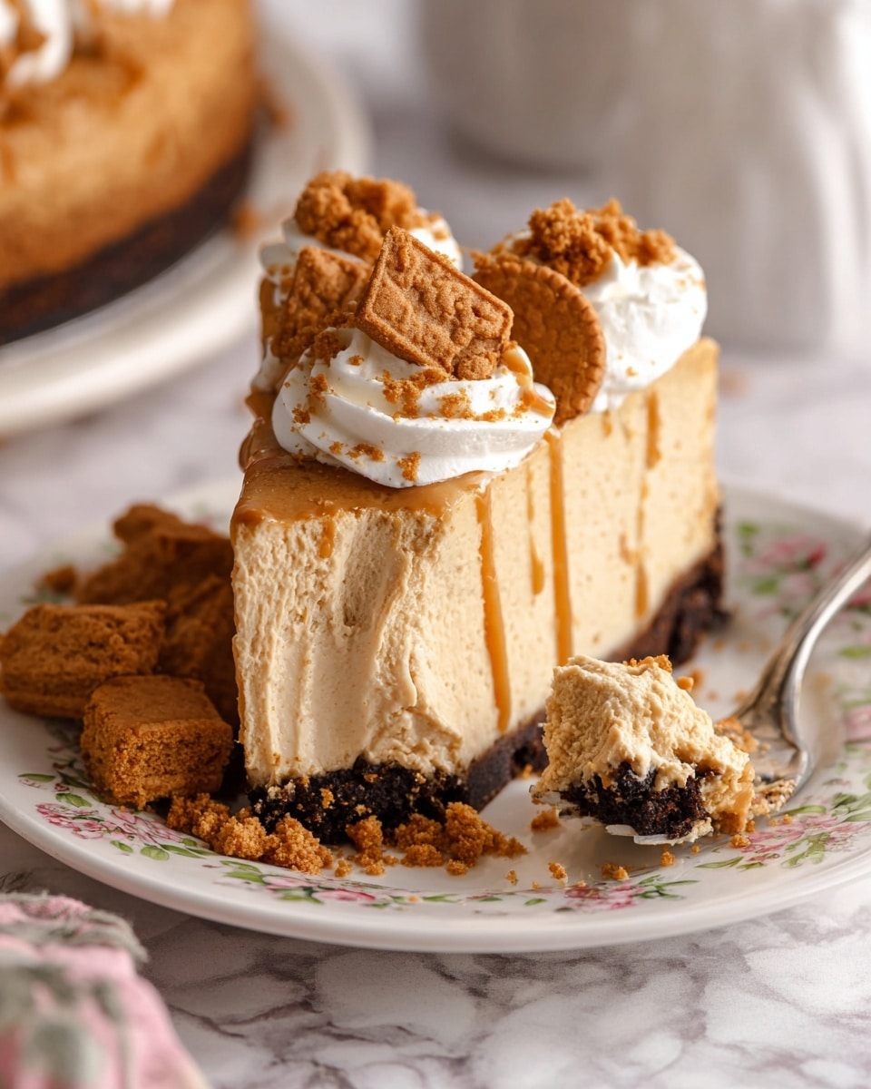 A slice of creamy light brown cheesecake sits on a white plate with a floral pattern, showing three layers: a crumbly dark brown cookie base, a thick smooth cheesecake middle, and a topping of white whipped cream with caramel drizzle and cookie crumbs scattered on top and around the plate. Larger pieces of broken cookies rest on the plate beside the cheesecake. A silver fork on the right side holds a bite of the cheesecake with crumbs stuck to it. The scene is set against a softly blurred white marbled texture background. photo taken with an iphone --ar 4:5 --v 7